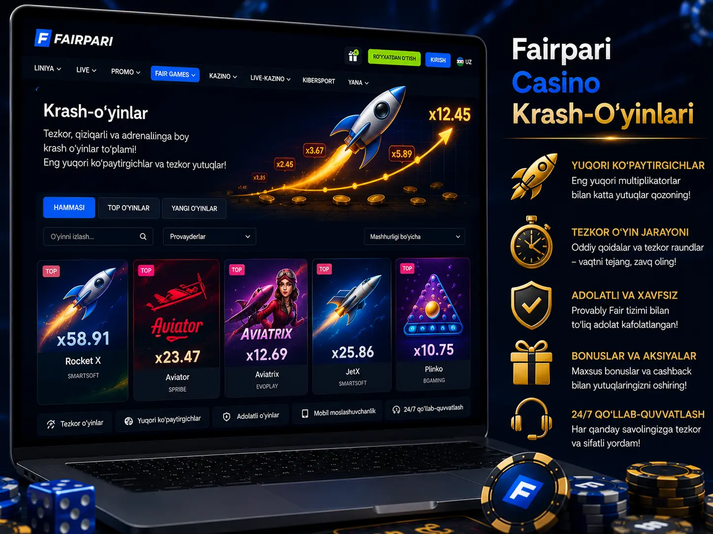 Fairpari krash o'yinlari Aviator Rocket X JetX Plinko