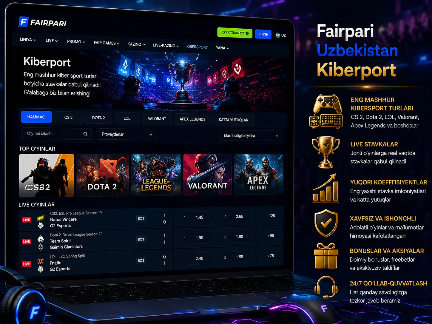Fairpari kiberport CS2 Dota 2 League of Legends