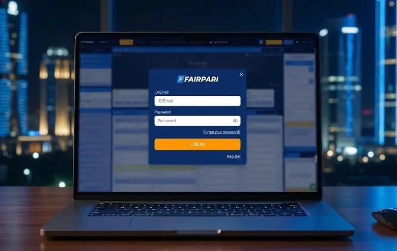 Fairpari login oynasi noutbukda va Toshkent manzarasi