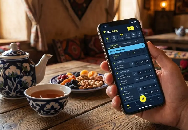 Fairpari mobil ilovasi telefonda va milliy choyxona muhiti