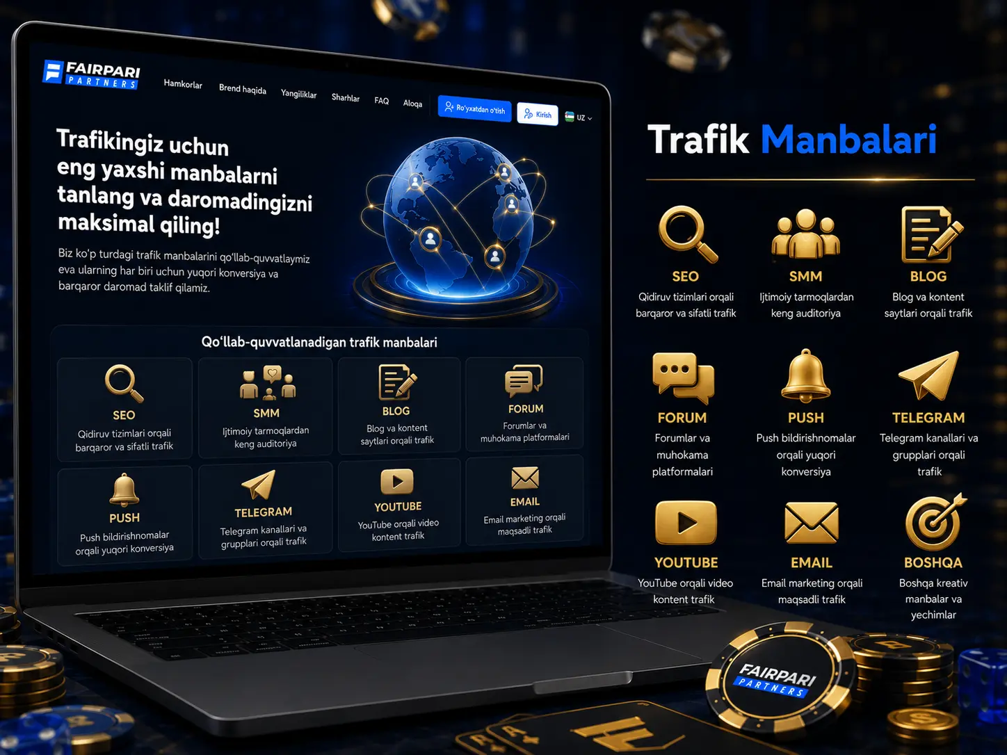 FairPari trafik manbalari Telegram SEO TikTok